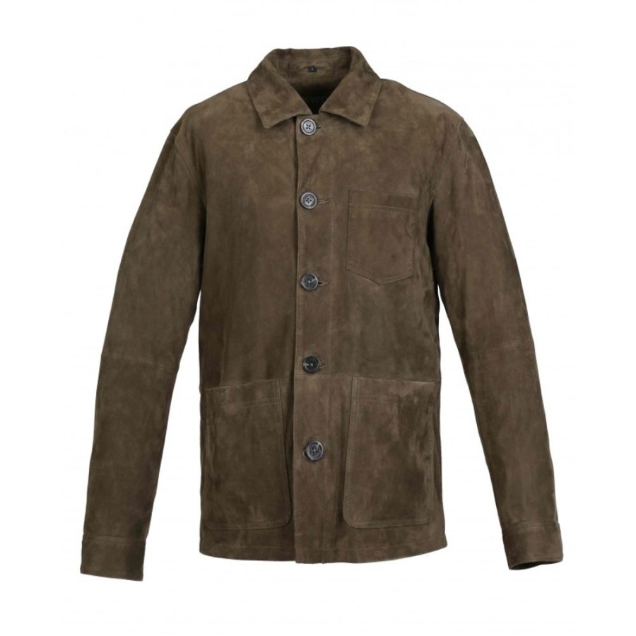 Homme OAKWOOD  | Riccardo Vert Fonce - Veste Col Chemise En Cuir Veritable De Chevre Velours